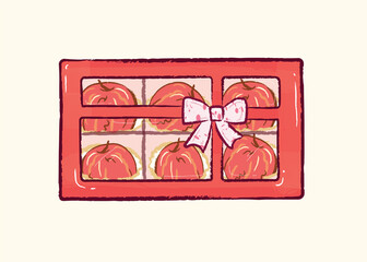 Big fresh red apples in a rectangle gift box for visiting people in vector flat illustration art design