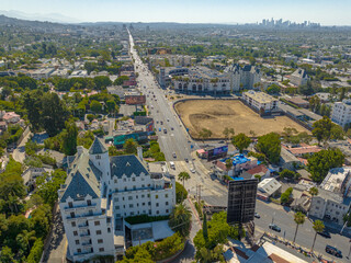 Aerial View of Sunset Blvd Los Angeles California with Downtown L.A. in the background.