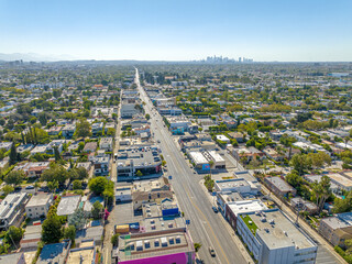 Aerial View of Los Angeles Downtown Silhouette over Melrose Ave