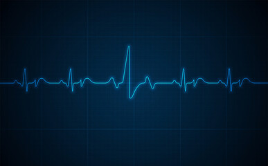 Emergency ekg monitoring. Blue glowing neon heart pulse. Heart beat. Electrocardiogram - obrazy, fototapety, plakaty