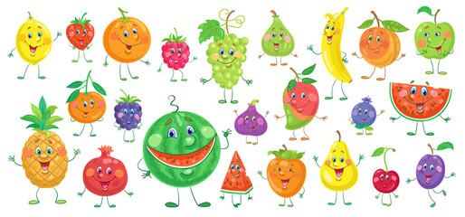 Big set of funny colorful fruits. Characters in cartoon style. Isolated on white background. Vector flat illustration.