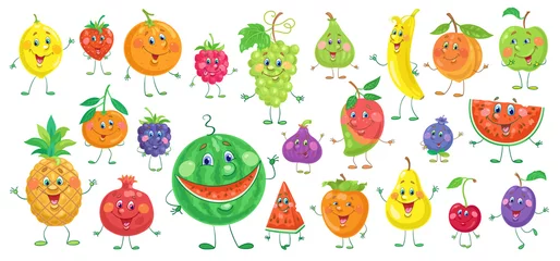 Fotobehang Big set of funny colorful fruits. Characters in cartoon style. Isolated on white background. Vector flat illustration. © Shvetsova Yulia