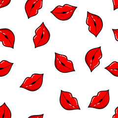 Colorful lips seamless pattern on white background. Paper print design. Abstract retro vector illustration. Trendy textile, fabric, wrapping. Modern space decoration.