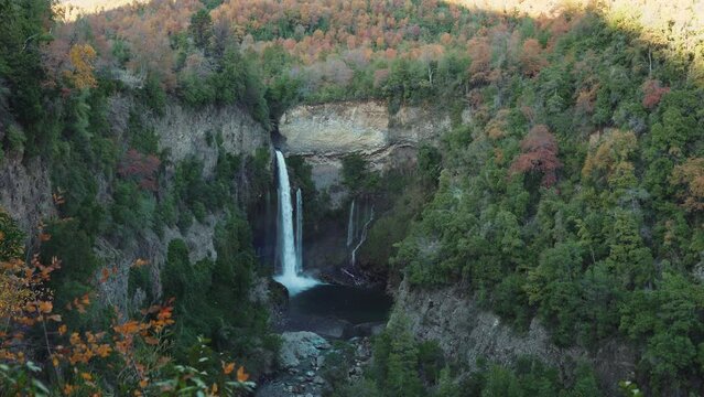 Wide shot of Bride&acute;s Veil waterfall in Radal 7 Tazas national park of Chile
