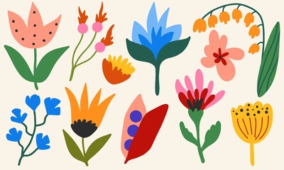 Large set of hand-drawn flowers. Flat design, cartoon, vector illustration.
