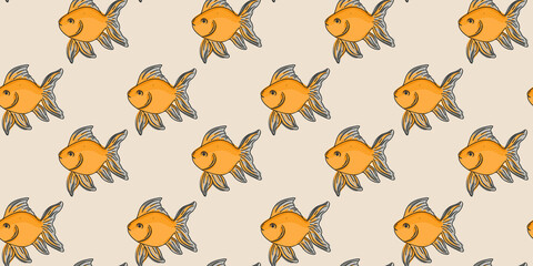 Obraz premium Goldfish seamless pattern. Flat vector illustration, doodle style or hand drawn