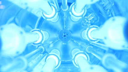 View inside of new modern water purification mechanism with LED lamps. Media. Concept of modern...