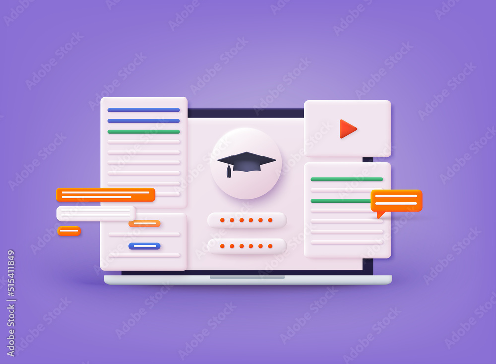 Poster online education on website. application learning. computer with open pages. 3d vector illustrations