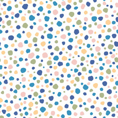 Seamless multicoloured abstract pattern of random blob shapes on a white background.
