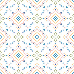 Seamless multicoloured abstract tile pattern on a white background.
