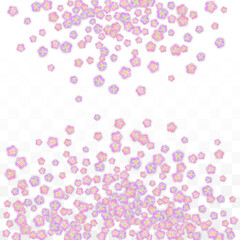 Blue Vector Realistic Blue Petals Falling on Transparent Background.  Spring Romantic Flowers Illustration. Flying Petals. Sakura Spa Design. Blossom Confetti. Design Elements for Wedding Decoration.