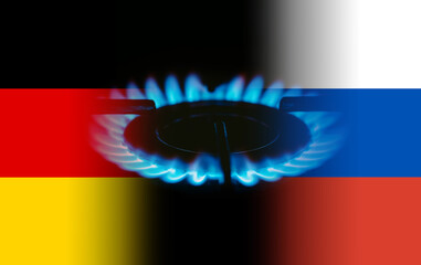 German and Russian flag and flames of blue gas.