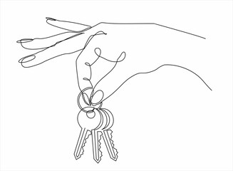 Continuous line drawing. The hand holds the keys to the car or apartment. Lines black on white background.