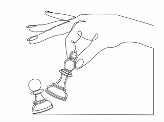 continuous line drawing of hands holding the queen figure  and knocking out  of a chess piece. Strategy business concept and checkmate game. vector illustration