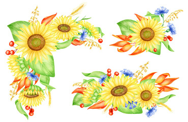 Watercolor sunflower border frames set. Hand drawn bouquets with yellow flowers, cornflowers, spikelets, red berries and leaves illustration. Floral angle arrangement isolated on white for wedding