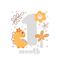 1 one month Baby month anniversary card metrics. Baby shower print with cute animal dino, flowers and palm capturing all special moments. Baby milestone card for newborn girl