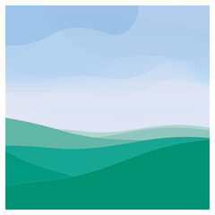 Obraz premium Green hills landscape minimalist background in blue and green colours . Vector illustration, concept for card, banner, poster, flyer, print.
