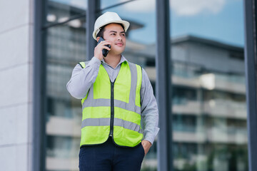 Portrait of Asian engineer young man wearing safety vest and helmet standing use smartphone for contact work on building construction site background. Engineering construction worker concept.
