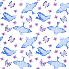 Watercolor pattern children's theme birds, butterflies, balloons