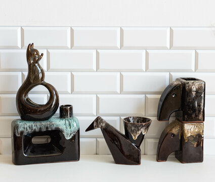 Mid-century modern pottery collection - fox, bird and elephant vases