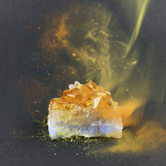 Citrine crystal with energy aura that glows yellow and orange with sparks. High vibration...