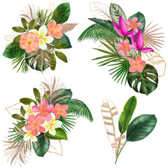 Bouquets of green tropical leaves and bright exotic flowers (plumeria, canna, banana flower and strelitzia), tropical floral clipart, isolated illustration on white background