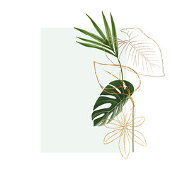 Frame of green and golden tropical leaves, isolated illustration on white background