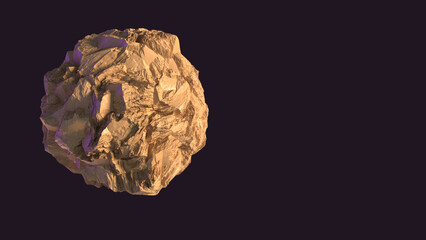 Big gold nugget on dark background. Golden metal. Isolated closeup.