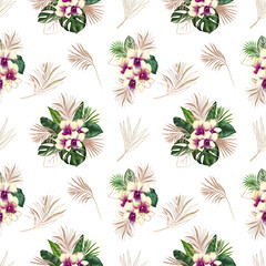 Seamless pattern of green and golden tropical leaves and orchid flowers, tropical floral ornament, illustration on white background
