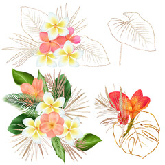 Bouquets of green and golden tropical leaves and bright exotic flowers (plumeria, clivia and canna), tropical floral clipart, isolated illustration on white background