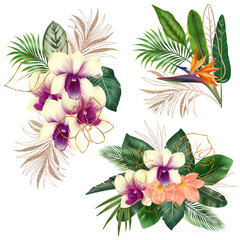 Bouquets of green and golden tropical leaves and bright exotic flowers (orchids, clivia and strelitzia), tropical floral clipart, isolated illustration on white background