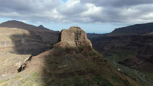 Wonderful aerial shot near of the Ansite Fortress on the island of Gran Canaria. Ancient aboriginal caves are found inside.