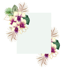 Square frame of green and golden tropical leaves and orchid flowers, isolated illustration on white background