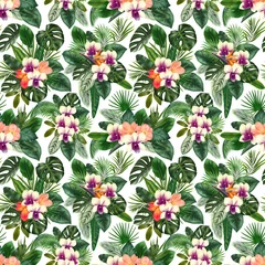 Selbstklebende Fototapeten Seamless pattern of Clivia and Orchid flowers and green tropical leaves, tropical floral ornament, illustration on white background © nastyasklyarova