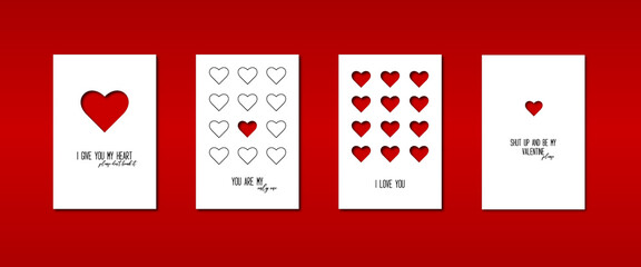 Valentine's Day Gift Card set. Paper cut style vector illustration for postcard.	
