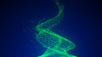 A swirl of green motes. Illustration of a whirlpool on a blue background. The effect of levitation. Dynamic, explosive wave. Big data. 3D rendering