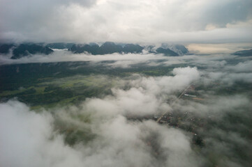 Vang Vieng landscape from above view, Central Laos