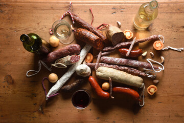 top view of typical spanish sausages and red and white wine on wooden table
