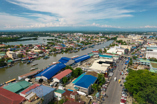 Dagupan, Pangasinan, Philippines - Aerial view of the fish market along Pantal River and the city of Dagupan.