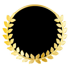 Black coat of arms with golden laurel wreath. Vector icon.