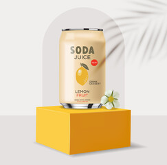 Soda drink contained in metallic can with lemon fruits, 3d realistic yellow can, summer drink, package design, vector, summer background, tropical banner