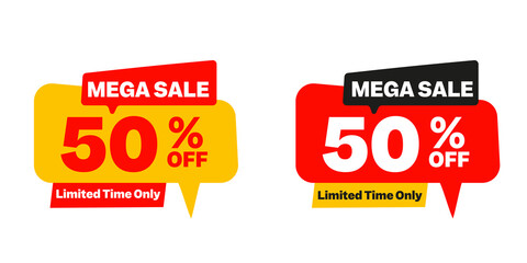 Label template mega sale with button shop now. Vector flat illustrations. 50 off in end of season. Mega sale banner in red and yellow colored.