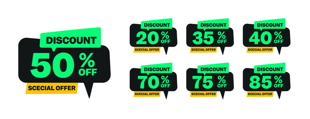 Sale discount set product emblem with percentage sell-off. Clearance sticker badge banner label vector illustration isolated on white