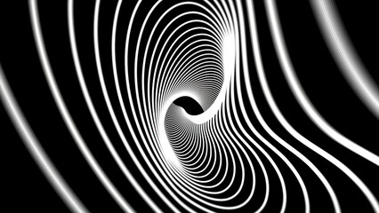 Stylish background of curved lines in dynamic motion, white on black. Flowing white lines create abstract shapes. Background with concentric rings moving.