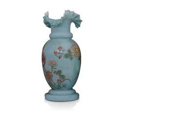 antique blue ceramic flower vase on white background, object, decor, template, banner, copy space