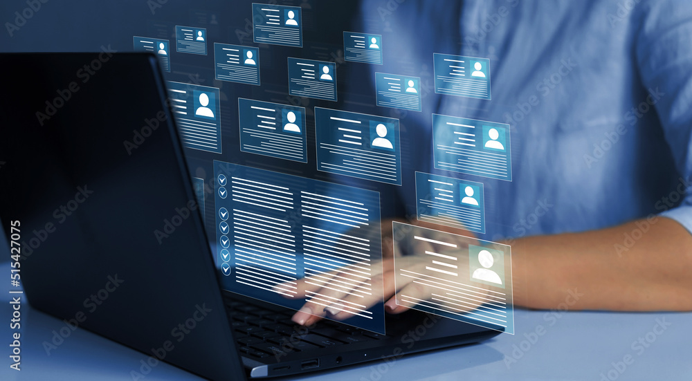 Wall mural business person working at laptop computer and digital documents with checkbox lists.law regulation 