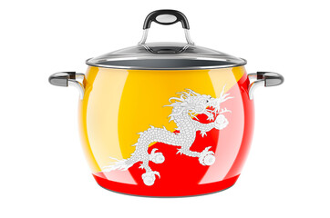 Bhutanese national cuisine concept. Bhutanese flag painted on the stainless steel stock pot. 3D rendering