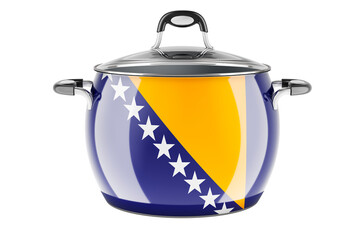 Bosnian  and Herzegovinan  national cuisine concept. Bosnian  and Herzegovinan  flag painted on the stainless steel stock pot. 3D rendering