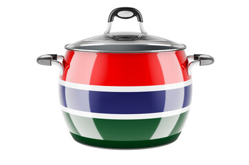 Gambia national cuisine concept. Gambia flag painted on the stainless steel stock pot. 3D rendering