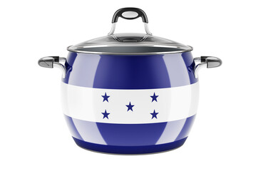 Honduranian national cuisine concept. Honduranian flag painted on the stainless steel stock pot. 3D rendering